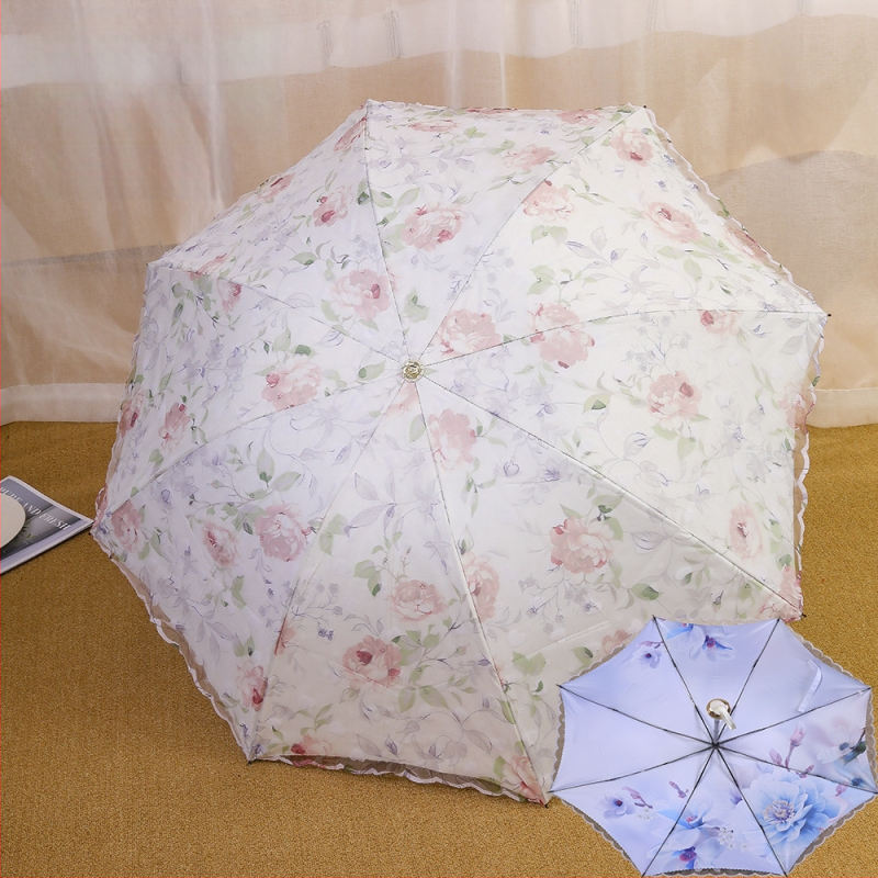 Mežģīņu audums, dubultslāņu lietussargs, 8 stieņu dzelzs rāmis, manuāla atvēršana, silikona rokturis, UV PA++ aizsardzība