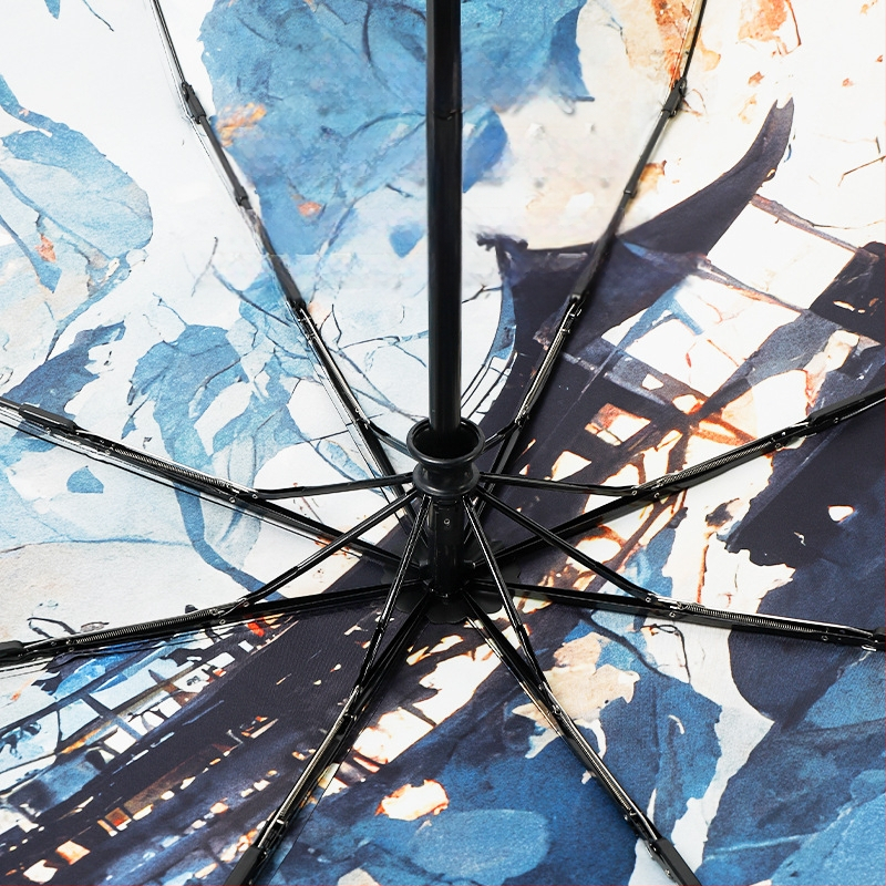 Trijų dalių vintage nacionalinio stiliaus skėtis su iliustracijos motyvu; automatinis atidarymas ir uždarymas; UPF50+; 8 spindulių rėmas; 210T vinilo audinys; logotipo spausdinimo galimybė