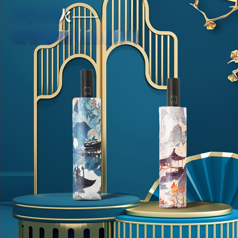 Trijų dalių vintage nacionalinio stiliaus skėtis su iliustracijos motyvu; automatinis atidarymas ir uždarymas; UPF50+; 8 spindulių rėmas; 210T vinilo audinys; logotipo spausdinimo galimybė