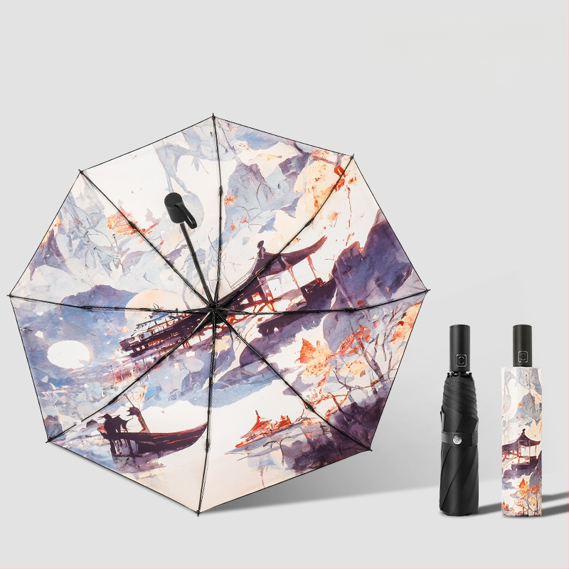 Trijų dalių vintage nacionalinio stiliaus skėtis su iliustracijos motyvu; automatinis atidarymas ir uždarymas; UPF50+; 8 spindulių rėmas; 210T vinilo audinys; logotipo spausdinimo galimybė