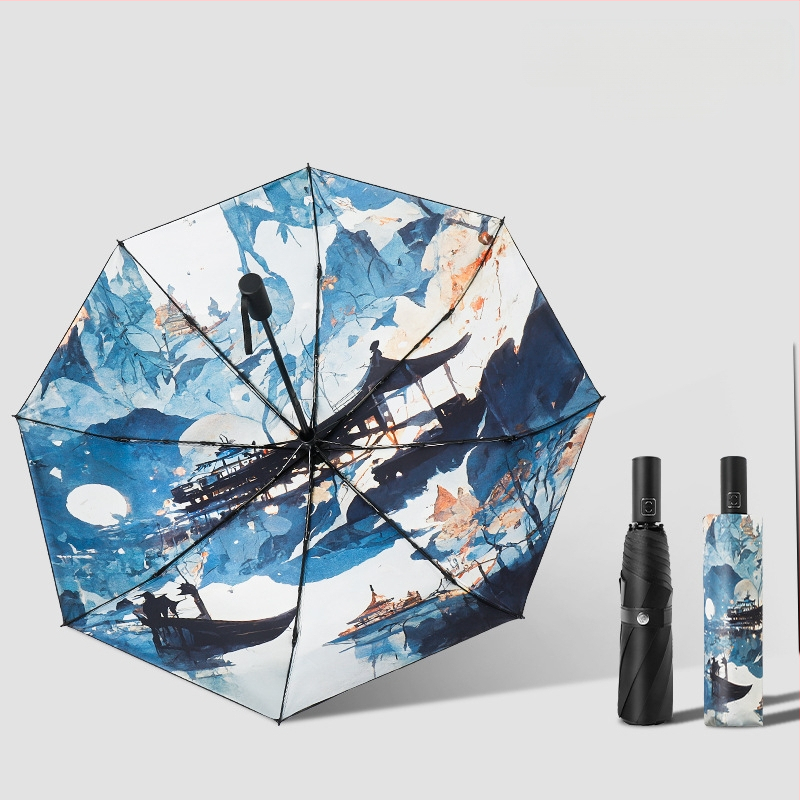 Trijų dalių vintage nacionalinio stiliaus skėtis su iliustracijos motyvu; automatinis atidarymas ir uždarymas; UPF50+; 8 spindulių rėmas; 210T vinilo audinys; logotipo spausdinimo galimybė