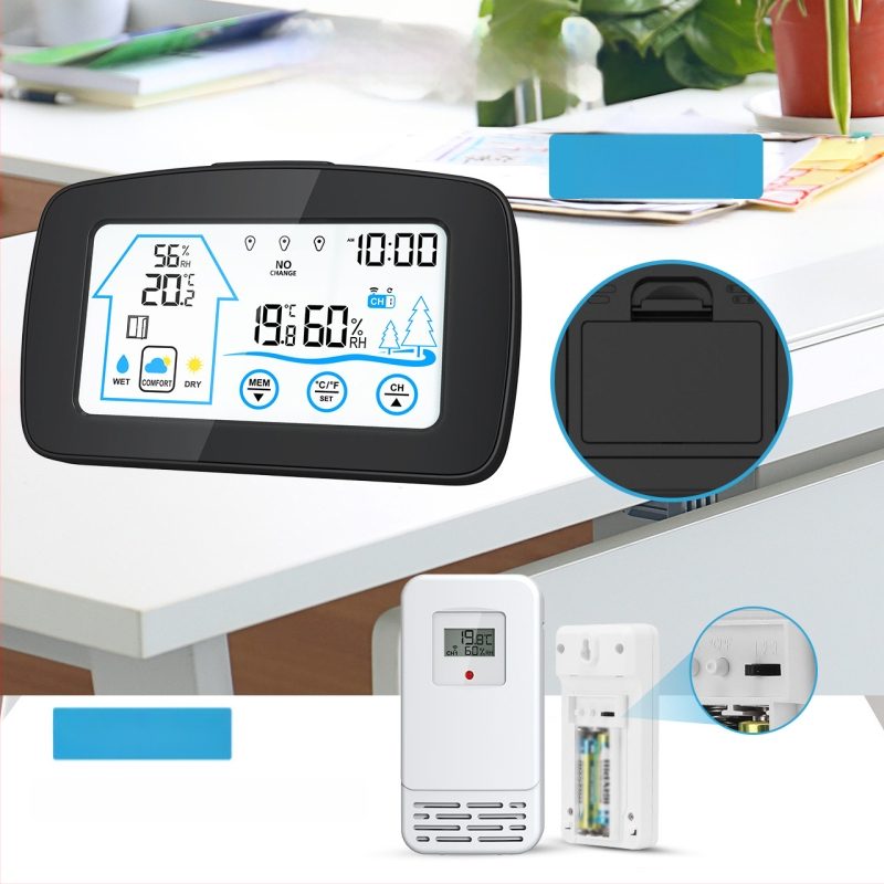 Будилник с подсветен сензорен екран, безжично измерване на температура и влажност за вътрешна и външна среда, цифров LCD метеорологичен часовник