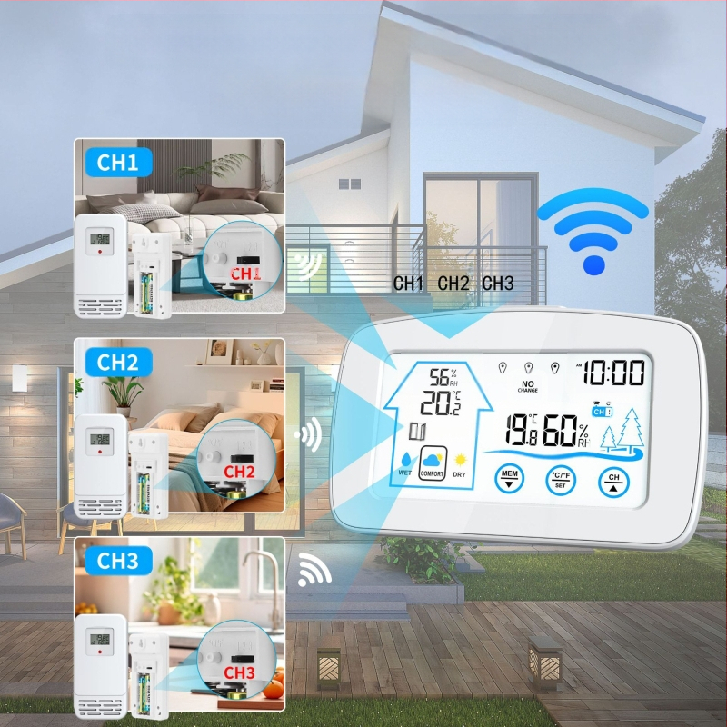 Будилник с подсветен сензорен екран, безжично измерване на температура и влажност за вътрешна и външна среда, цифров LCD метеорологичен часовник