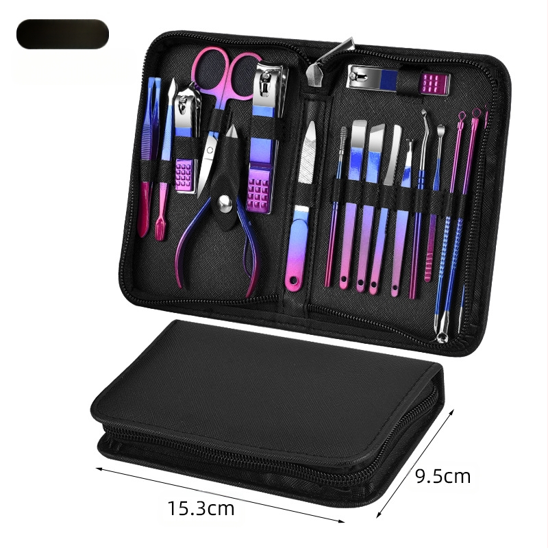 Σετ περιποίησης νυχιών 18 τεμάχια με διαβαθμισμένο φινίρισμα, περιλαμβάνει νυχοκόπτη, τσίμπες για πετσάκια, κόφτη νεκρού δέρματος και εργαλεία ποδιών; Υλικά: ανοξείδωτος χάλυβας + χάλυβας άνθρακα; OEM μάρκα; βάρος 230 g