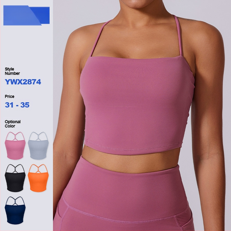 Женски спортен сутиен за фитнес, основен плат: найлон 77%, подплата: найлон 77%, стил жилет, фиксирани двойни презрамки, средно оформени чашки, подходящ за тичане и тренировки