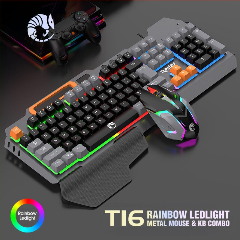RAIKU T16 Метален комплект клавиатура и мишка за игри, жично USB свързване, 1000dpi