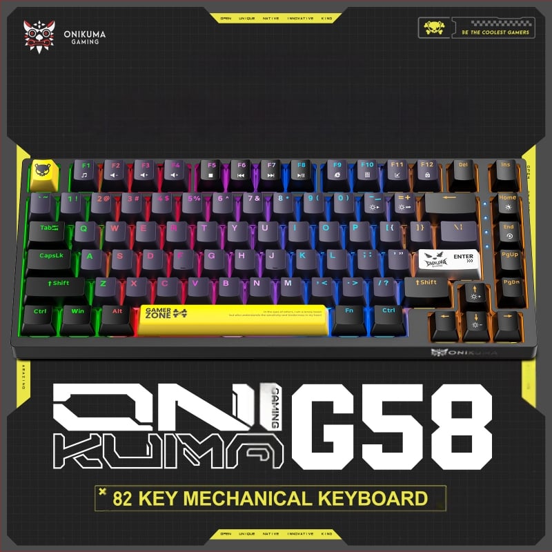 Onikuma G58 гейминг клавиатура, кабелна, RGB подсветка, до 87 клавиша, водоустойчива, механични превключватели
