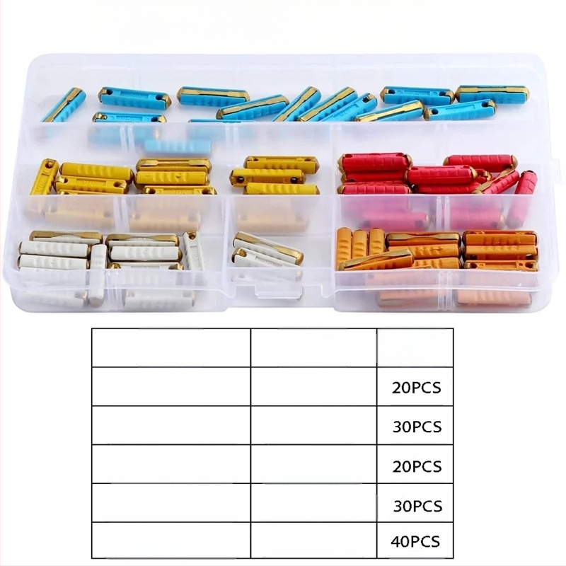 Automobilių vamzdiniai saugikliai, 200 vnt. rinkinys, 5A-40A, Xinrong Technology, skirtas automobilių elektronikai