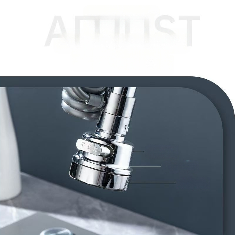 Universali virtuvės maišytuvas su ištraukiamu antgaliu, trijų lygių reguliuojamas srautas, padidintas slėgis, 360° pasukamas, prieš pursliavimą (keraminių vožtuvo šerdis; ABS medžiaga; spiralinis montavimas; viengijai jungčiai; elektroplatinimo danga)