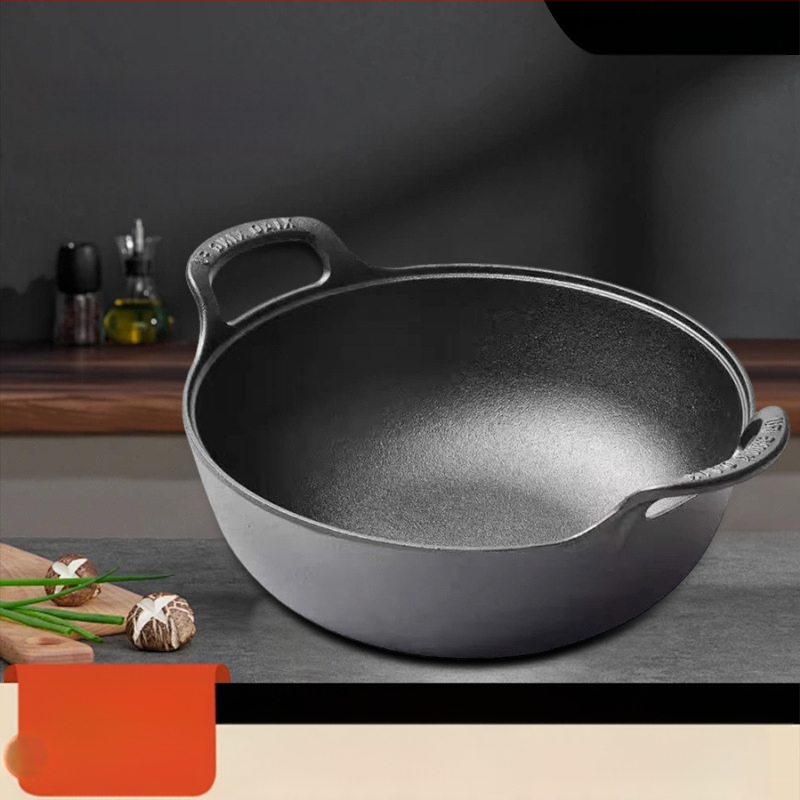 Geležinis wokas su dviejų rankenėlių, be dangos, mediniu dangteliu