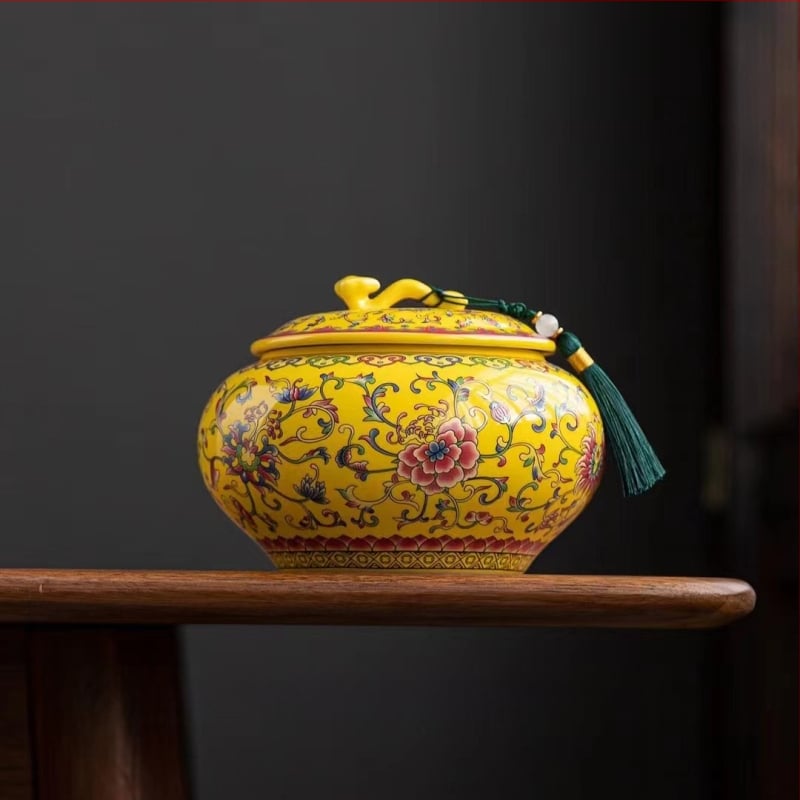 Keraminis arbatos indas su emalės danga, retro stilius, Ruyi motyvas su lotosu, svoris 0,65 kg