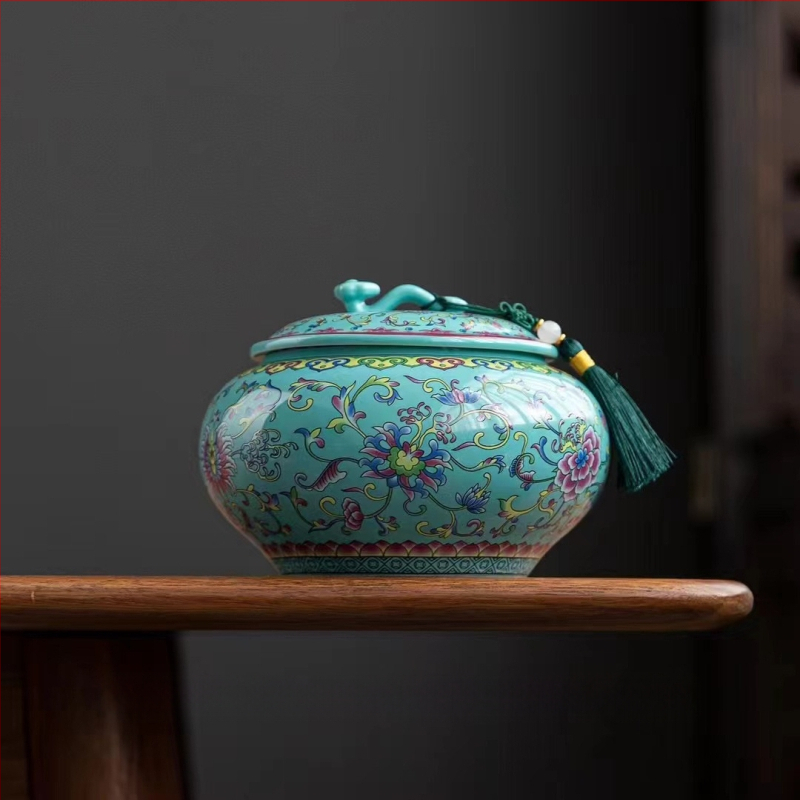 Keraminis arbatos indas su emalės danga, retro stilius, Ruyi motyvas su lotosu, svoris 0,65 kg