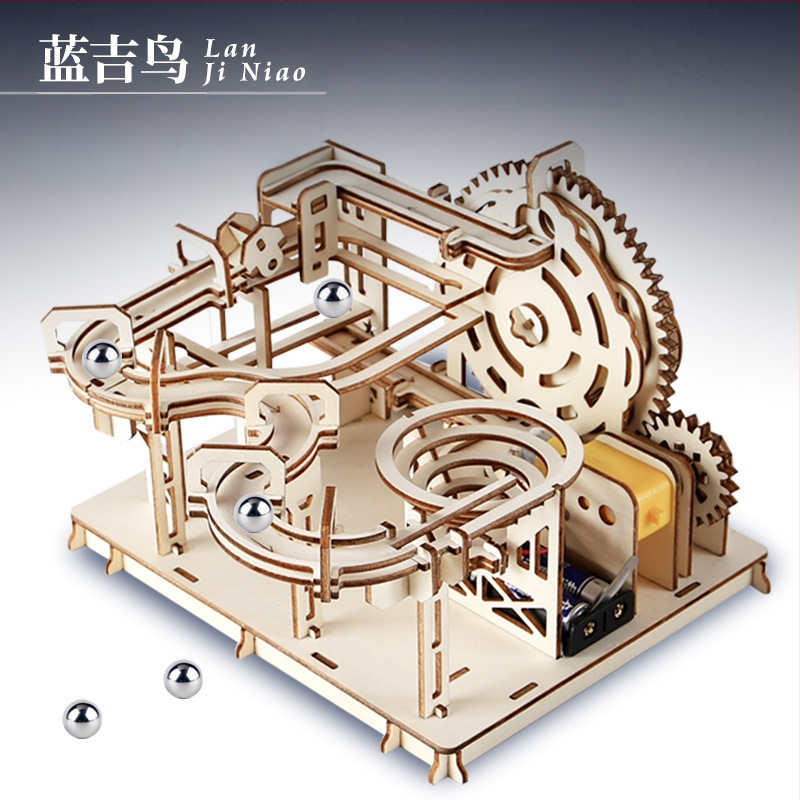 Koka DIY zinātnes rotaļlieta: bumbiņas trase ar roku saliekama, bioloģija/ķīmija, 7–14 gadi, Blue Jird