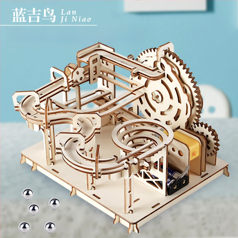 Koka DIY zinātnes rotaļlieta: bumbiņas trase ar roku saliekama, bioloģija/ķīmija, 7–14 gadi, Blue Jird