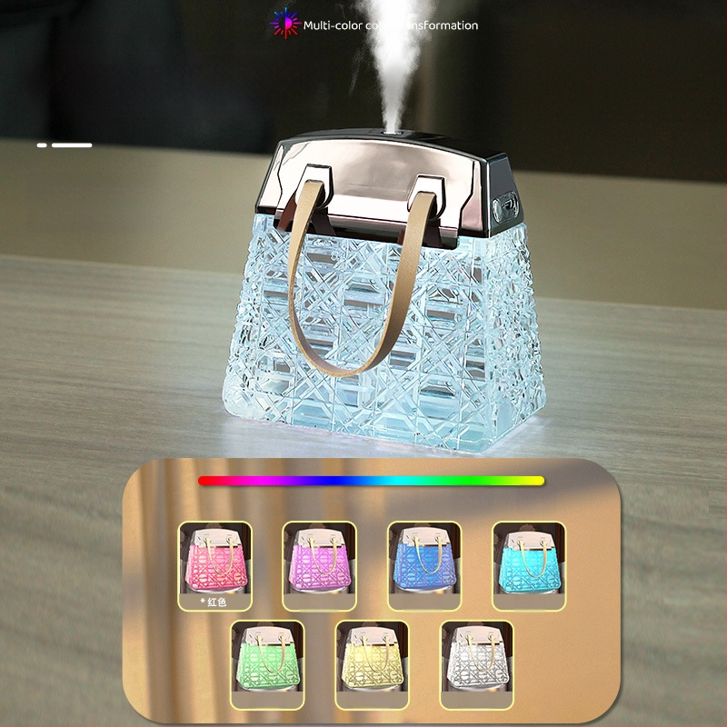 Drėkintuvas namams ir biurui — USB stalinis su krištolo korpusu, 1 rūko išėjimas, vandens bakas <0.5 L, aprėptis 21–30 m², atmosferos lemputė