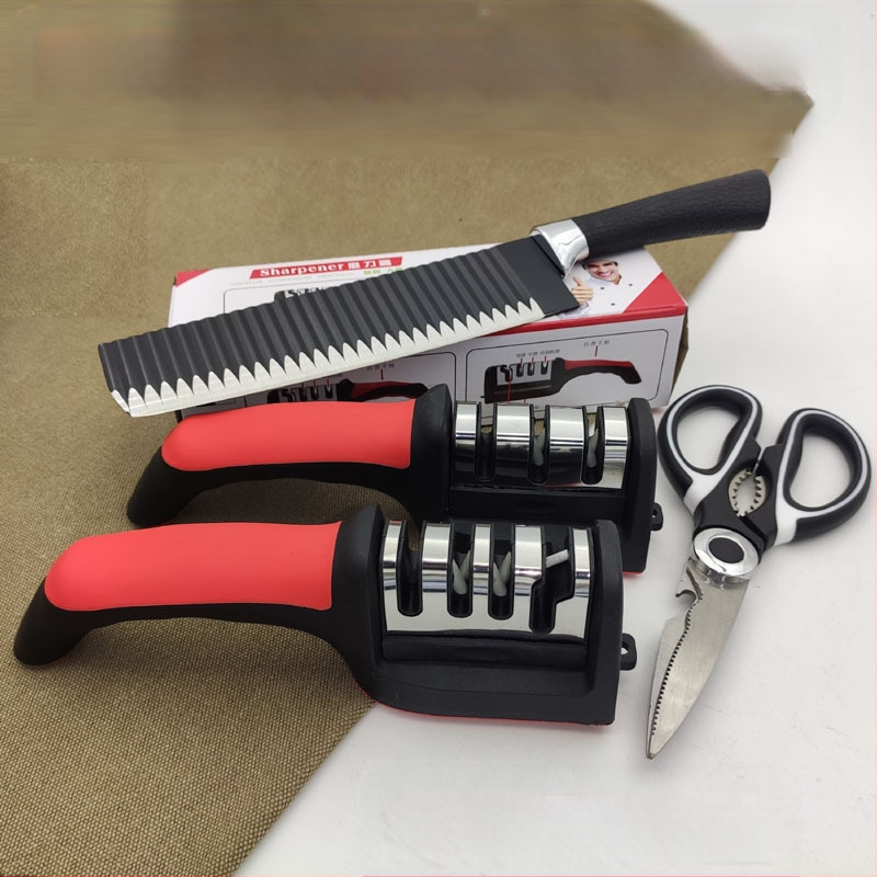 Tryjų pakopų rankinis peilių šlifuoklis su kilpele, neslystančia baze, skirtas virtuvės peiliams ir žirklėms, iš aukšto anglies plieno