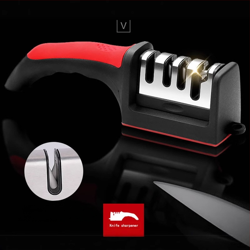 Tryjų pakopų rankinis peilių šlifuoklis su kilpele, neslystančia baze, skirtas virtuvės peiliams ir žirklėms, iš aukšto anglies plieno