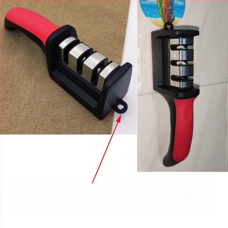 Tryjų pakopų rankinis peilių šlifuoklis su kilpele, neslystančia baze, skirtas virtuvės peiliams ir žirklėms, iš aukšto anglies plieno