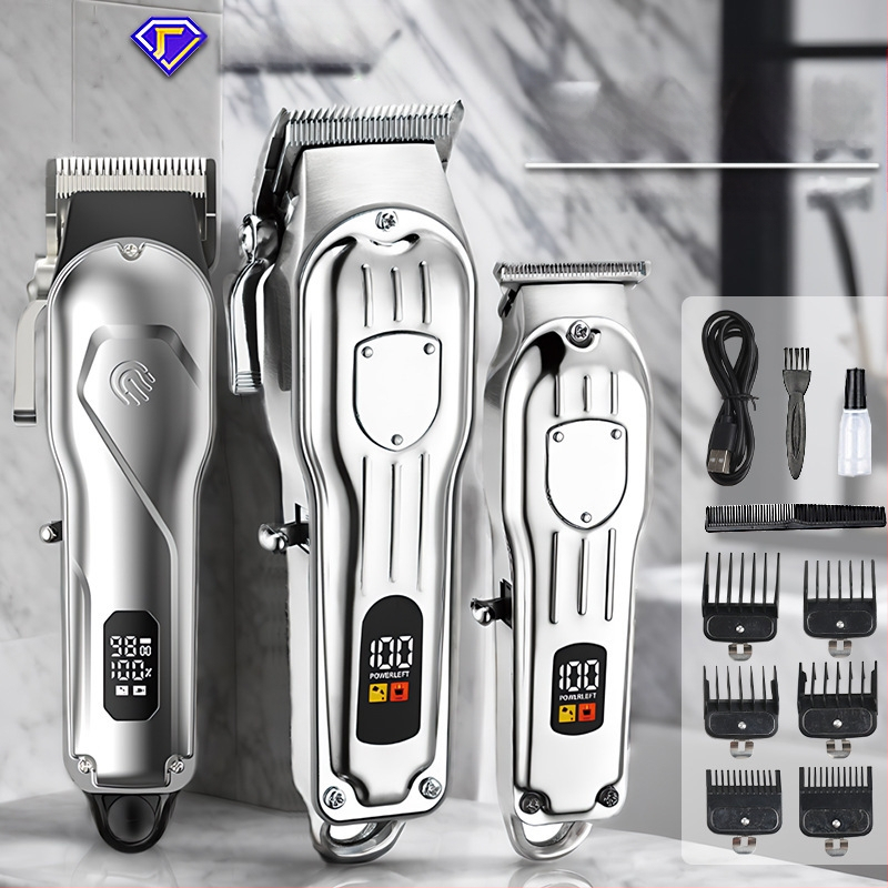 Elektrinis plaukų kirpimo prietaisas su bešepiniu varikliu, titano lydinio peilis, nuimamas ir plaunamas peilis, įmontuota įkraunama baterija, veikimo laikas 6–8 valandos