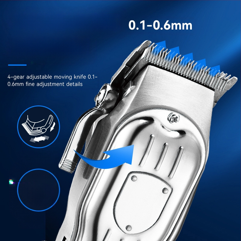 Elektrinis plaukų kirpimo prietaisas su bešepiniu varikliu, titano lydinio peilis, nuimamas ir plaunamas peilis, įmontuota įkraunama baterija, veikimo laikas 6–8 valandos