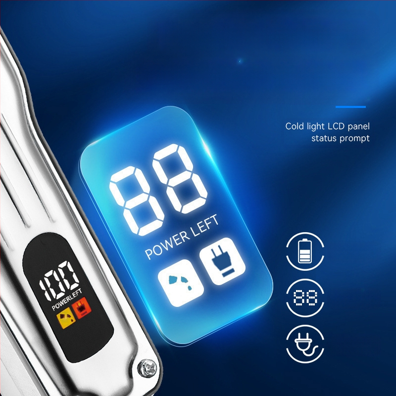 Elektrinis plaukų kirpimo prietaisas su bešepiniu varikliu, titano lydinio peilis, nuimamas ir plaunamas peilis, įmontuota įkraunama baterija, veikimo laikas 6–8 valandos