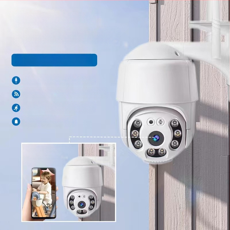 Iekšējā bezvadu drošības kamera ar 360° panorāmu, 1080p HD, nakts redzamība, Wi‑Fi savienojums un trauksmes paziņojumi.