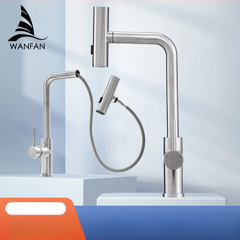 Virtuvės ištraukiamas čiaupas karštam ir šaltam vandeniui, nerūdijantis plienas, šlifuotas paviršius, keramikinis vožtuvo šerdis, modelis 3668