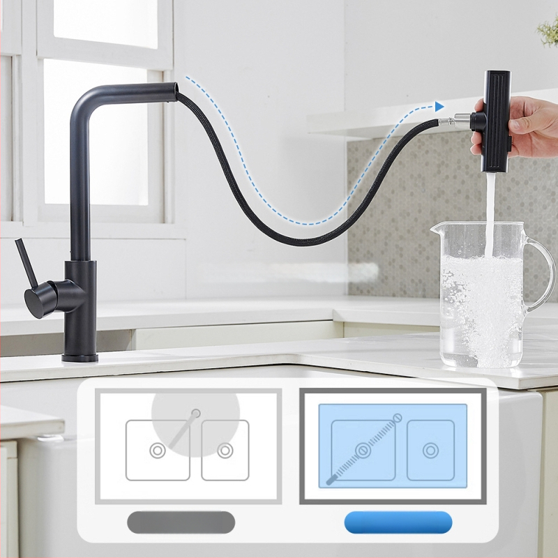 Virtuvės ištraukiamas čiaupas karštam ir šaltam vandeniui, nerūdijantis plienas, šlifuotas paviršius, keramikinis vožtuvo šerdis, modelis 3668