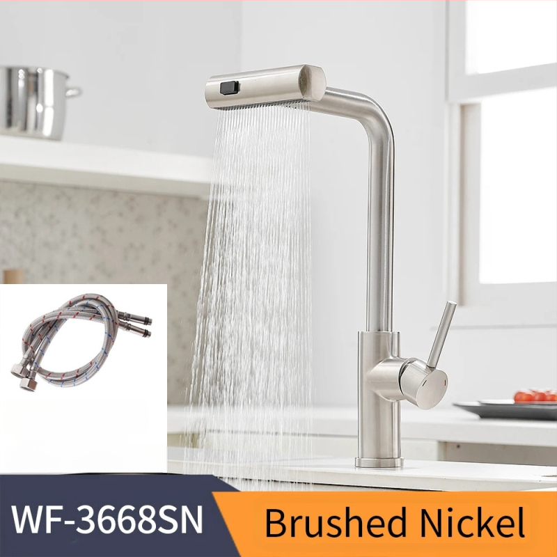 Virtuvės ištraukiamas čiaupas karštam ir šaltam vandeniui, nerūdijantis plienas, šlifuotas paviršius, keramikinis vožtuvo šerdis, modelis 3668