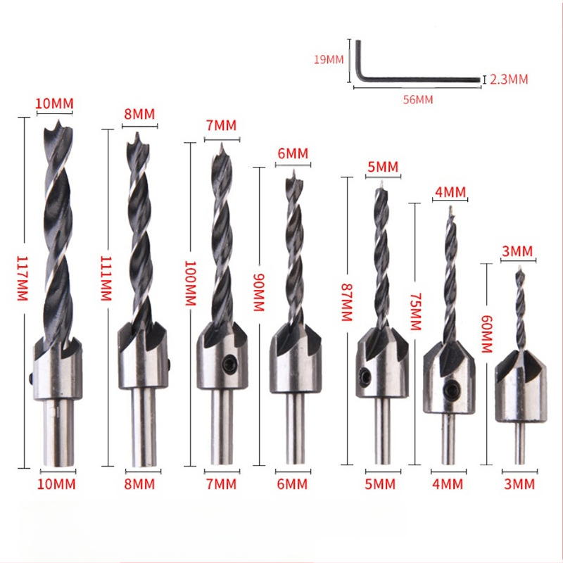 Бур за дърво с три върха от високоскоростна стомана, конусовидна глава и водещ за позициониране