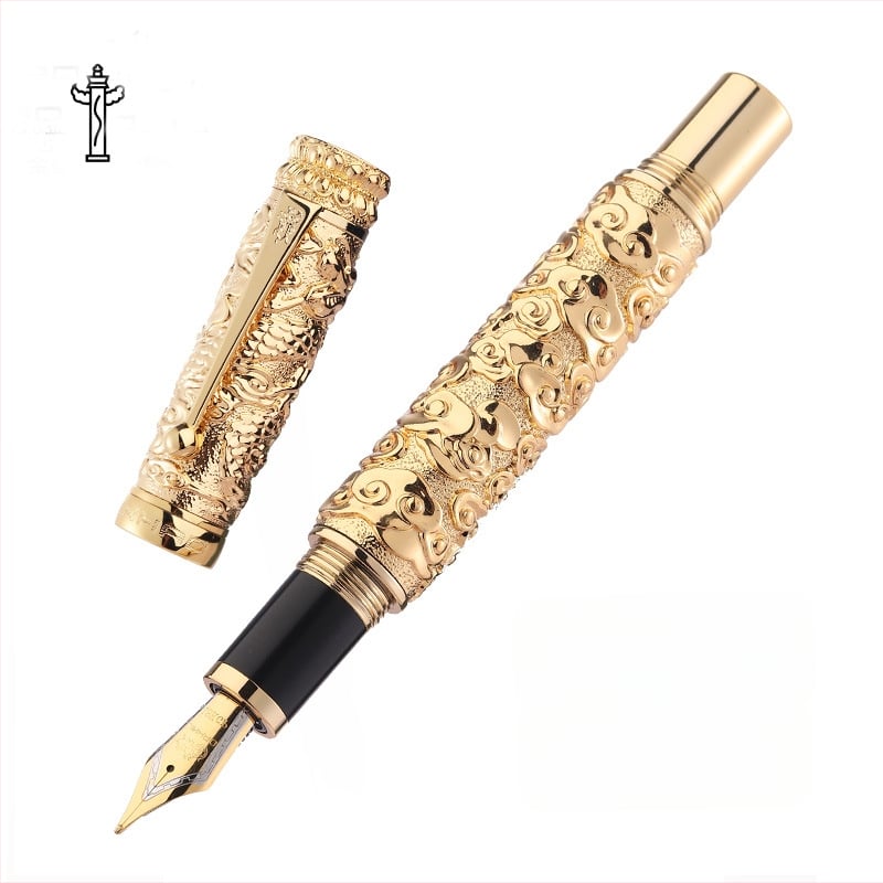 Dovanų rašiklis su retro kinų reljefu, nib 18KGP, metalinis korpusas, modelis Huabao, tintų įsiurbimo sistema