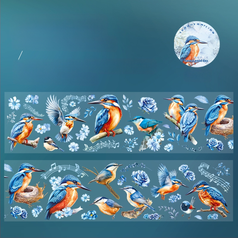 Dekoratīvā PET lente dienasgrāmatai, zvaigžņu ziedu un putnu motīvs, ainavu dizains, drukāts