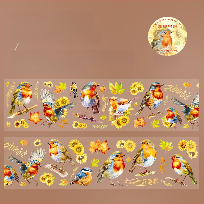 Dekoratīvā PET lente dienasgrāmatai, zvaigžņu ziedu un putnu motīvs, ainavu dizains, drukāts