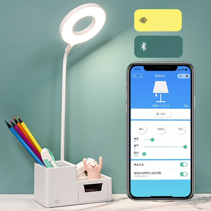 LED настолна лампа за общежитие с гласово управление, USB зареждане, сгъваема конструкция с чекмедже за съхранение, вградена батерия, CRI ≥95