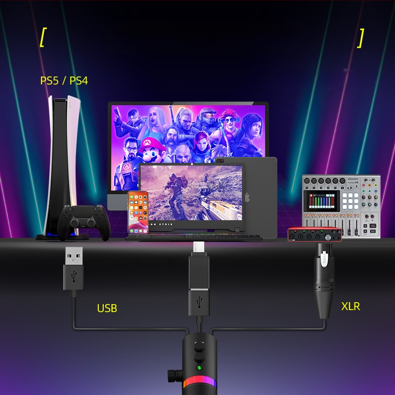 NV7 RGB Gaming USB/XLR δυναμικό μικρόφωνο για ζωντανές μεταδόσεις, ηχογράφηση και καραόκε — καρδιοειδές, Ασύρματο συμβατό, SNR ≥ 100 dB