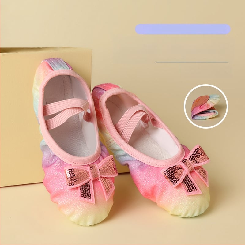 Bērnu deju kurpes baletam ar varavīksnes spīdumiem, mīksta zole, auduma augšdaļa, elpojošas (Auduma augšdaļa, Mīksta zole, Elpojošas, Baletam)