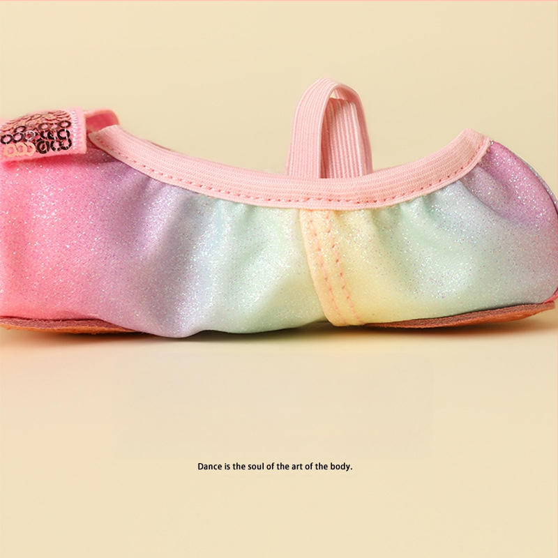 Bērnu deju kurpes baletam ar varavīksnes spīdumiem, mīksta zole, auduma augšdaļa, elpojošas (Auduma augšdaļa, Mīksta zole, Elpojošas, Baletam)