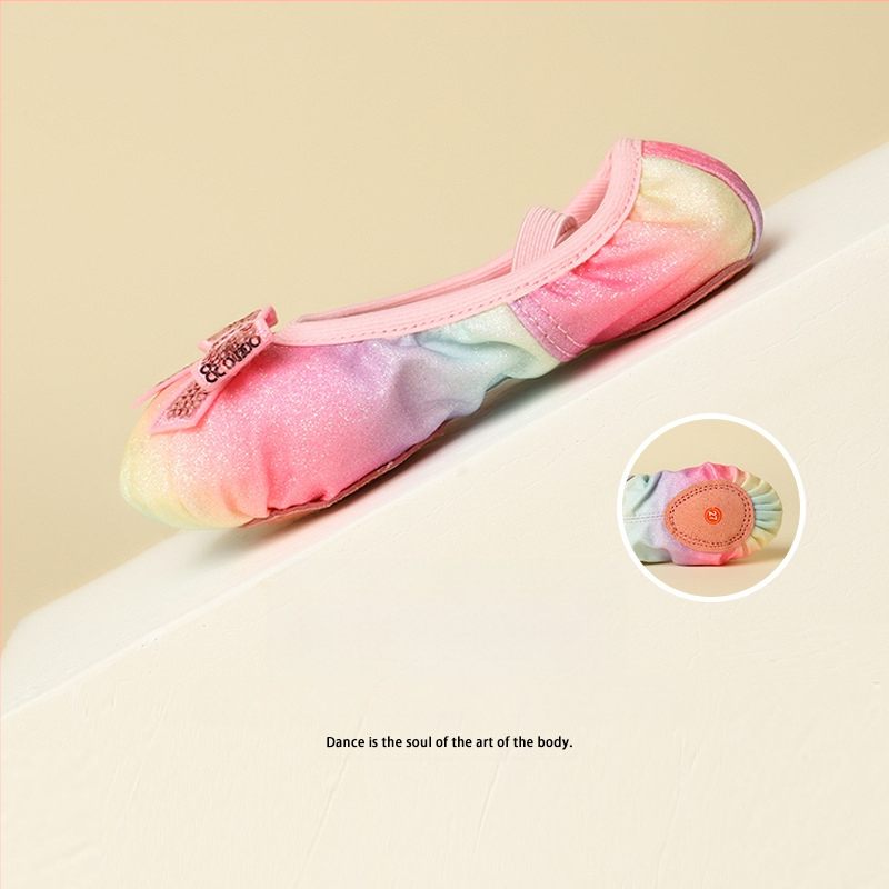 Bērnu deju kurpes baletam ar varavīksnes spīdumiem, mīksta zole, auduma augšdaļa, elpojošas (Auduma augšdaļa, Mīksta zole, Elpojošas, Baletam)