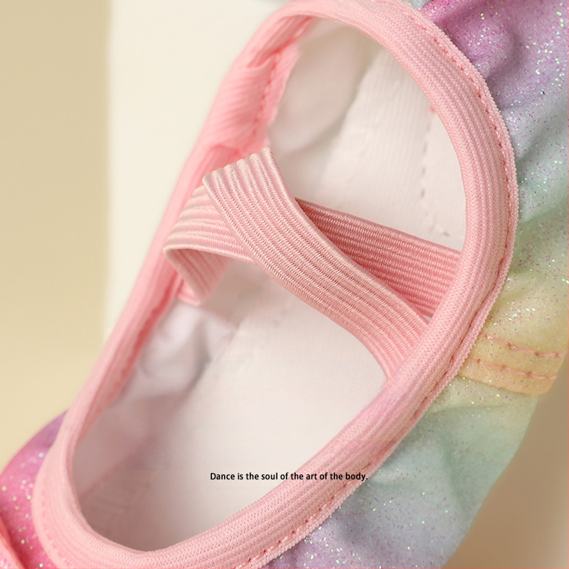 Bērnu deju kurpes baletam ar varavīksnes spīdumiem, mīksta zole, auduma augšdaļa, elpojošas (Auduma augšdaļa, Mīksta zole, Elpojošas, Baletam)