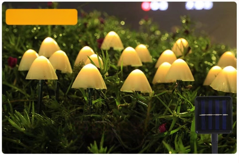 LED lauko saulės žibintų grandinėlės, grybo formos žiedas, IP65, 10W, ≤36V, valdymas rankenėle