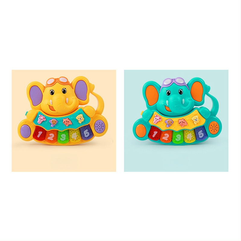 Бебешко електронно музикално пиано с животинска тема (динозавър, слон, лъв) за ранно образование; звук и светлина; пластмасова конструкция; подпомага емоционално, визуално, когнитивно и моторно развитие.