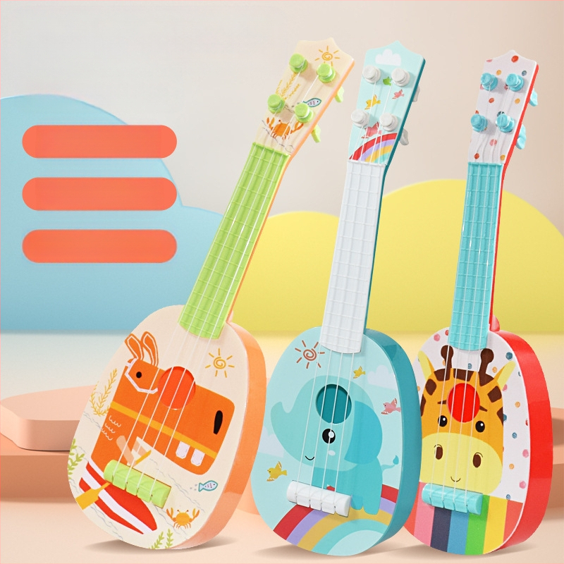 Ukulele spēle zīdaiņiem 0-3 gadi: dzīvnieku puzle ar ziloņa, žirafa un hipopotāma figūrām; interaktīvā vecāku un bērnu muzikālā apmācība; no plastmasas