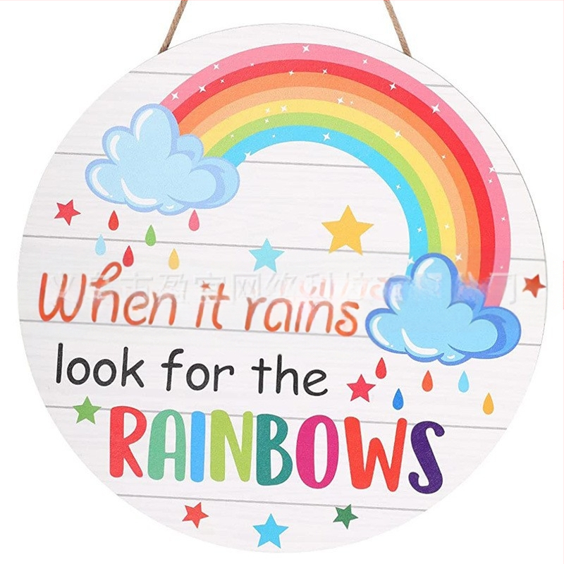 Ξύλινο κυκλικό ταμπελάκι πόρτας για παιδιά με ουράνιο τόξο, στυλ καρτούν, εκτύπωση, έτοιμο για δώρο