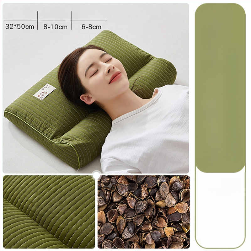 Grikšķu spilvens ar cietu kodolu kakla aizsardzībai, pildījums no grikšķiem, 100% kokvilnas pārvalks, taisnstūra forma, vienai personai, iekļauts spilvena pārvalks