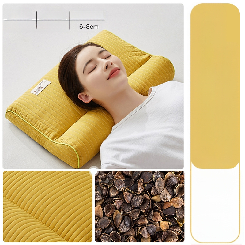 Grikšķu spilvens ar cietu kodolu kakla aizsardzībai, pildījums no grikšķiem, 100% kokvilnas pārvalks, taisnstūra forma, vienai personai, iekļauts spilvena pārvalks