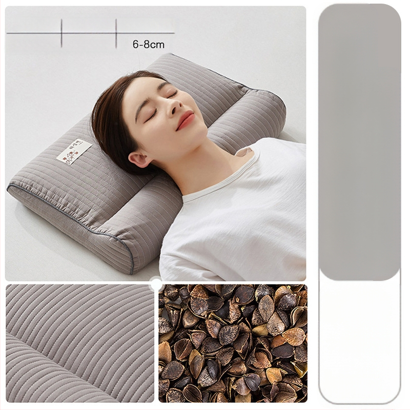 Grikšķu spilvens ar cietu kodolu kakla aizsardzībai, pildījums no grikšķiem, 100% kokvilnas pārvalks, taisnstūra forma, vienai personai, iekļauts spilvena pārvalks