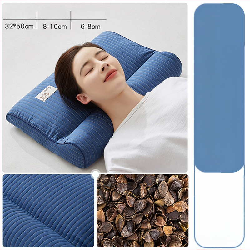 Grikšķu spilvens ar cietu kodolu kakla aizsardzībai, pildījums no grikšķiem, 100% kokvilnas pārvalks, taisnstūra forma, vienai personai, iekļauts spilvena pārvalks