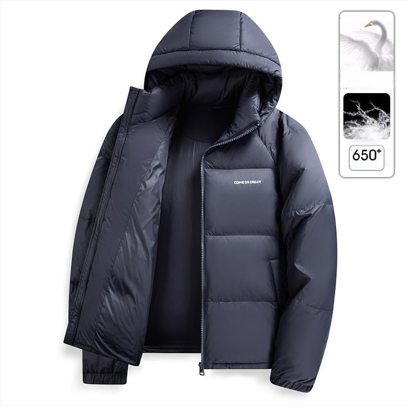 Vyrinė pūkinė striukė su gobtuvu - 650 pūko užpildas, kašmyras 86–90%, nailoninė išorė, įprastas ilgis, užtrauktukas