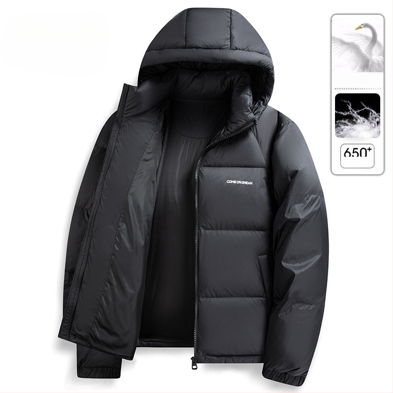 Vyrinė pūkinė striukė su gobtuvu - 650 pūko užpildas, kašmyras 86–90%, nailoninė išorė, įprastas ilgis, užtrauktukas