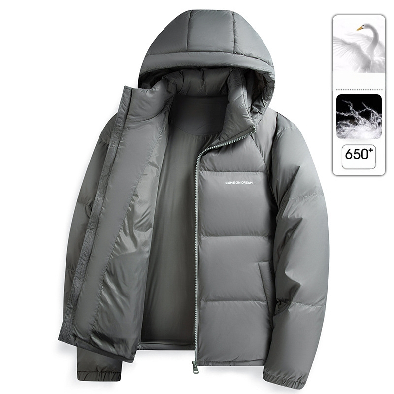 Vyrinė pūkinė striukė su gobtuvu - 650 pūko užpildas, kašmyras 86–90%, nailoninė išorė, įprastas ilgis, užtrauktukas